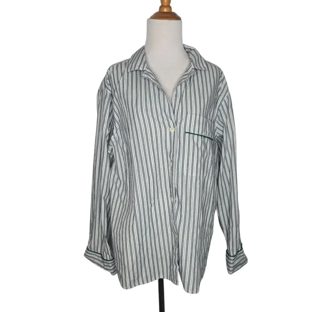 J Crew Women Cotton Pajama Top Poplin Striped Oversized Classic Button Up Large